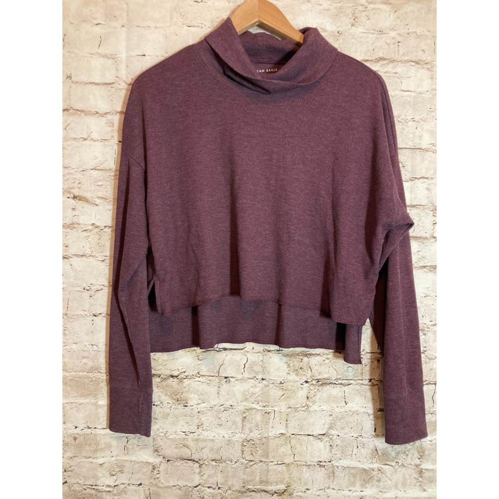 American Eagle Womens XS Plum Waffle Thermal Mock Neck Cropped Top Long Sleeve